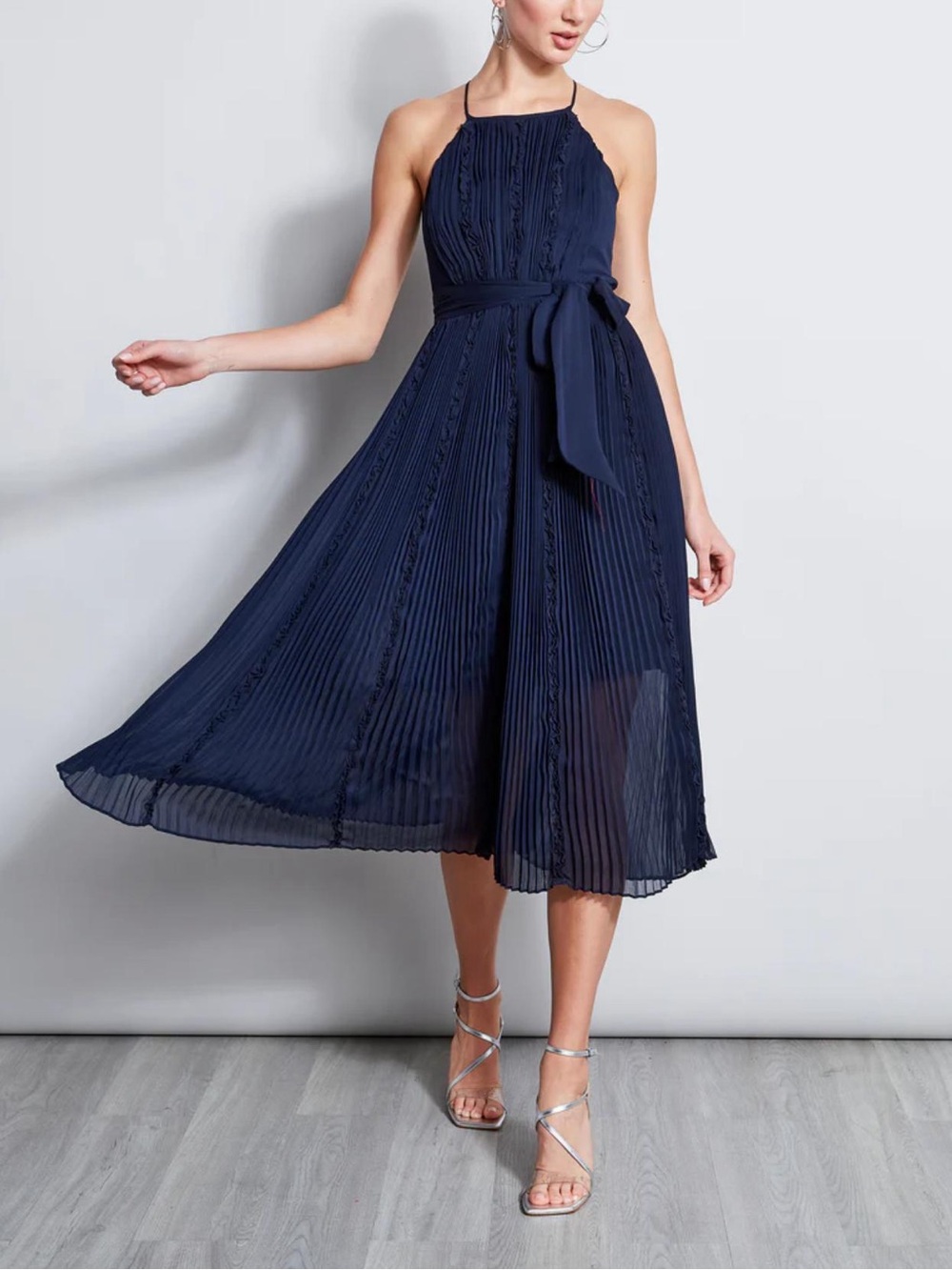 Elie Tahari Navy Blue Crinkle Chiffon Halter Midi Dress